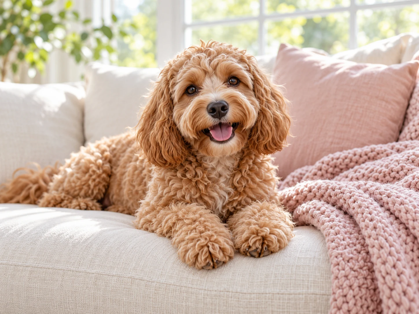 An apricot curly-coated dog relaxing on an ivory sofa beside a pink blanket